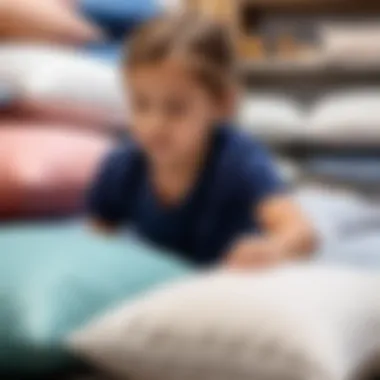 A parent selecting a pillow for their child in a specialty store