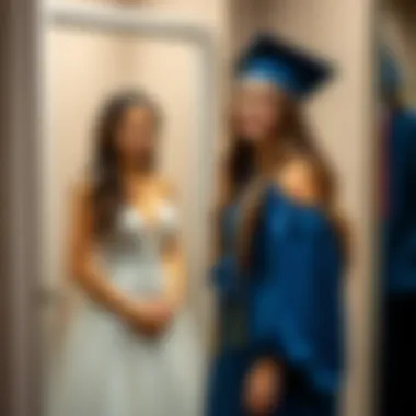 A joyful student trying on a graduation dress in a fitting room