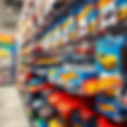 A vibrant display of Hot Wheels cars in a retail store.