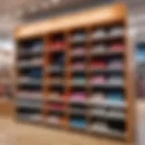 A variety of children's shoes displayed in a vibrant store.