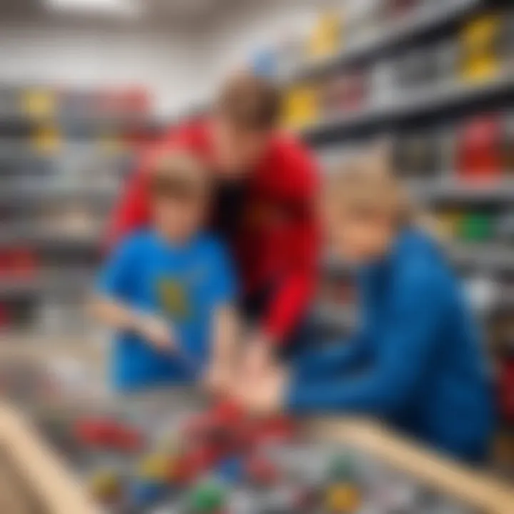 A parent and child examining Lego Ninjago boxes in a store