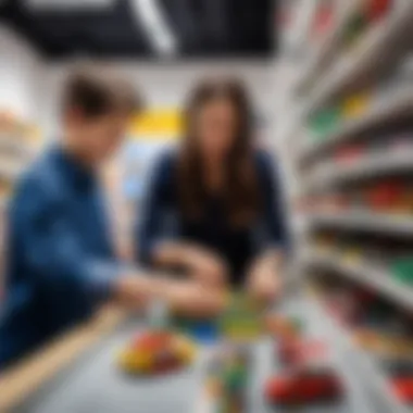 A parent and child selecting LEGO sets in a store