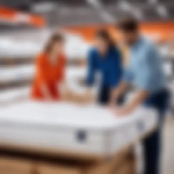 Parents selecting a mattress protector in a store