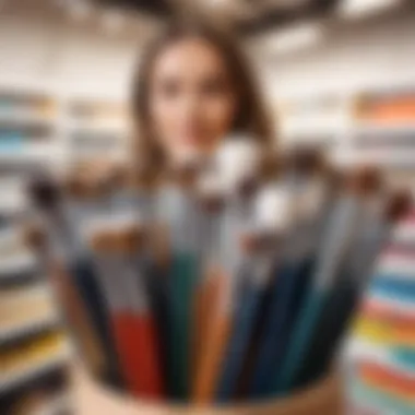 Choosing Brushes in an Art Supply Store An artist selecting brushes in an art supply store