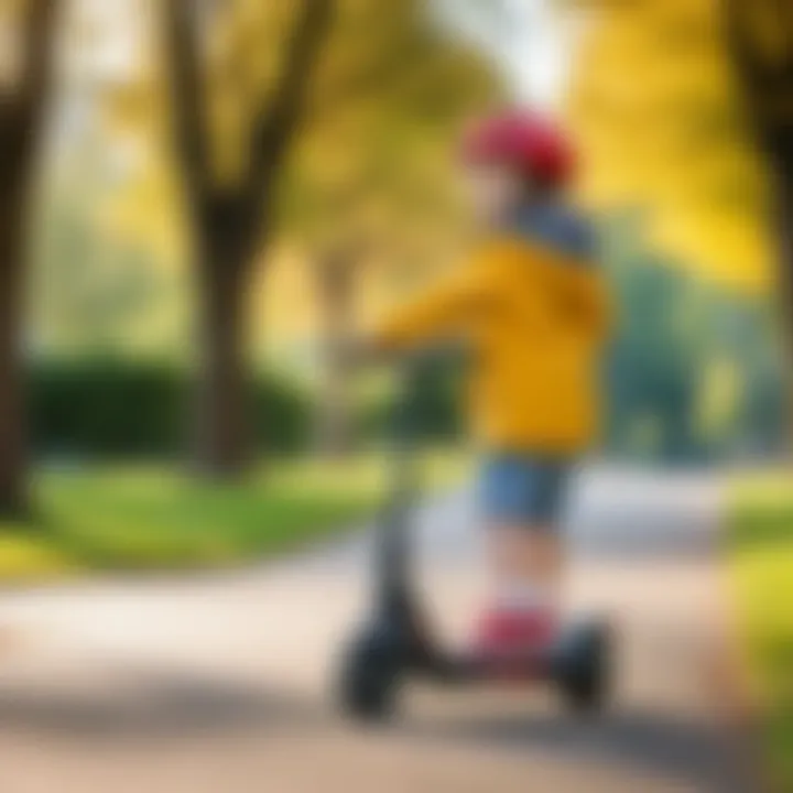 Child riding a scooter in a park, showcasing fun and safety