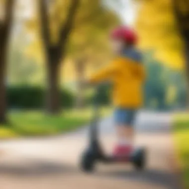 Joyful Ride: Child Enjoying a Scooter Child riding a scooter in a park, showcasing fun and safety
