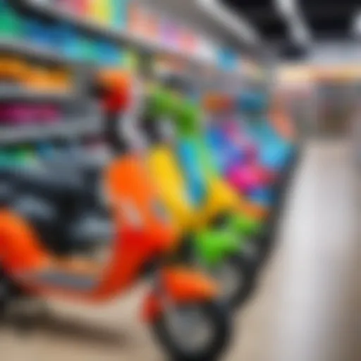Colorful children's scooters displayed in a vibrant store