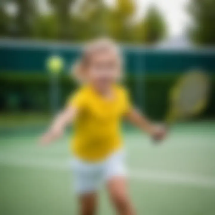 A child playing tennis with a bright yellow ball