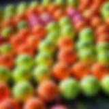 Colorful tennis balls arranged neatly on a surface