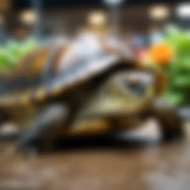 A close-up of a healthy turtle in a pet store environment.