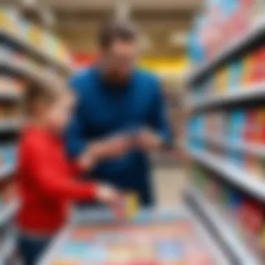 A parent and child selecting Uno cards in a store