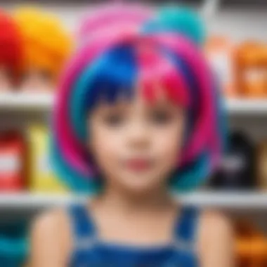 A child trying on a colorful wig at a local store