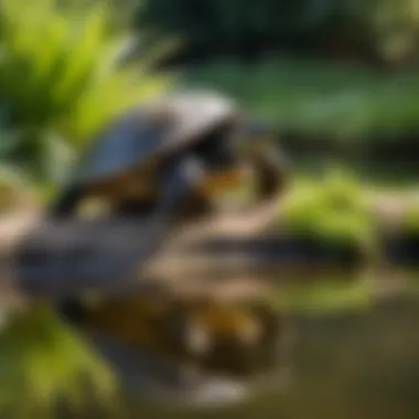 A turtle basking in the sun by a pond