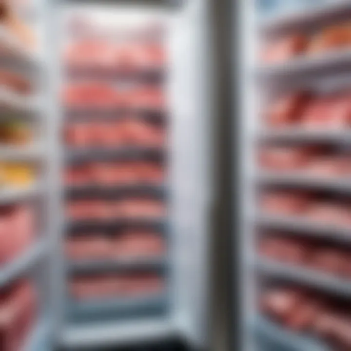 A refrigerator displaying improperly stored meat products